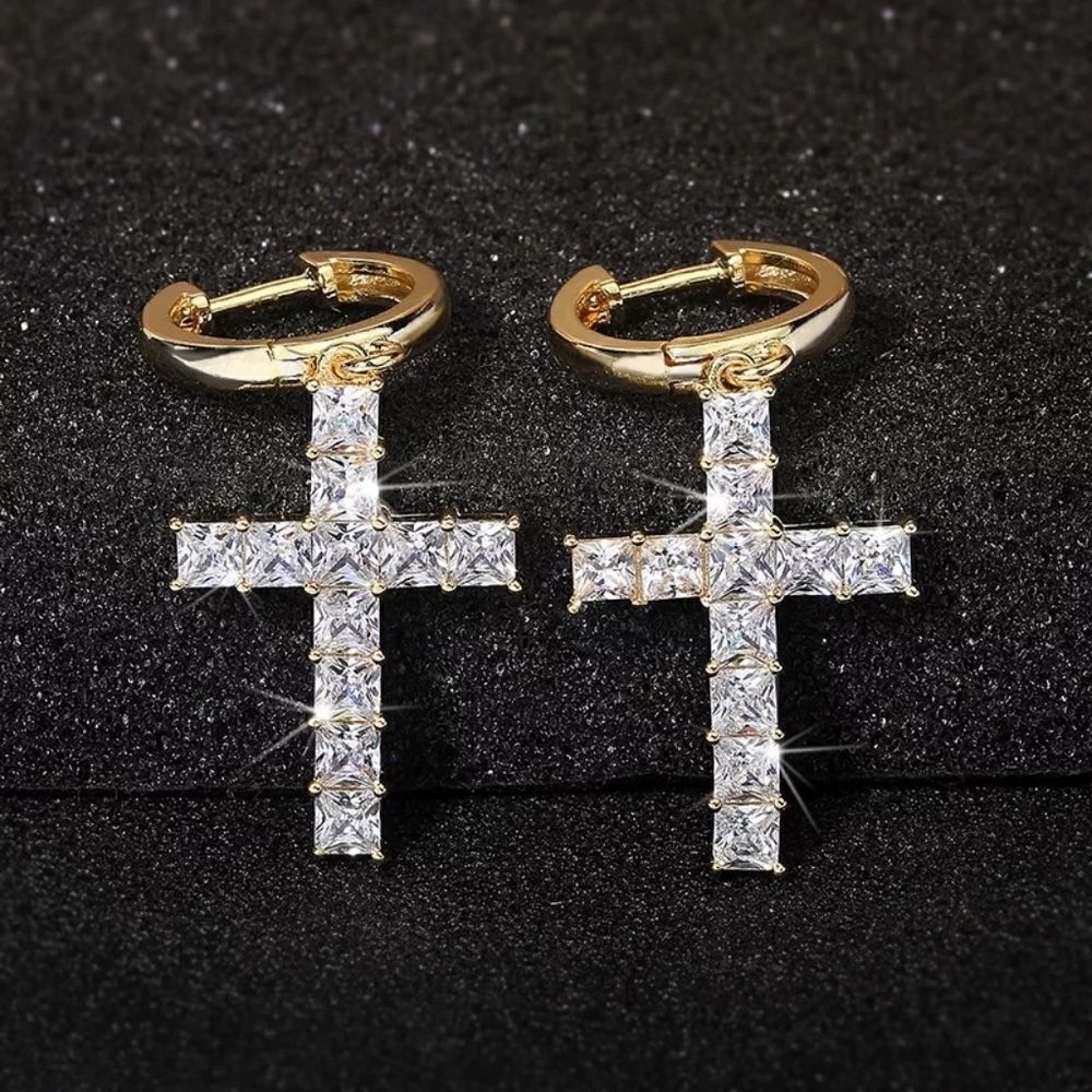 Gold Asscher Cut Cross Earrings